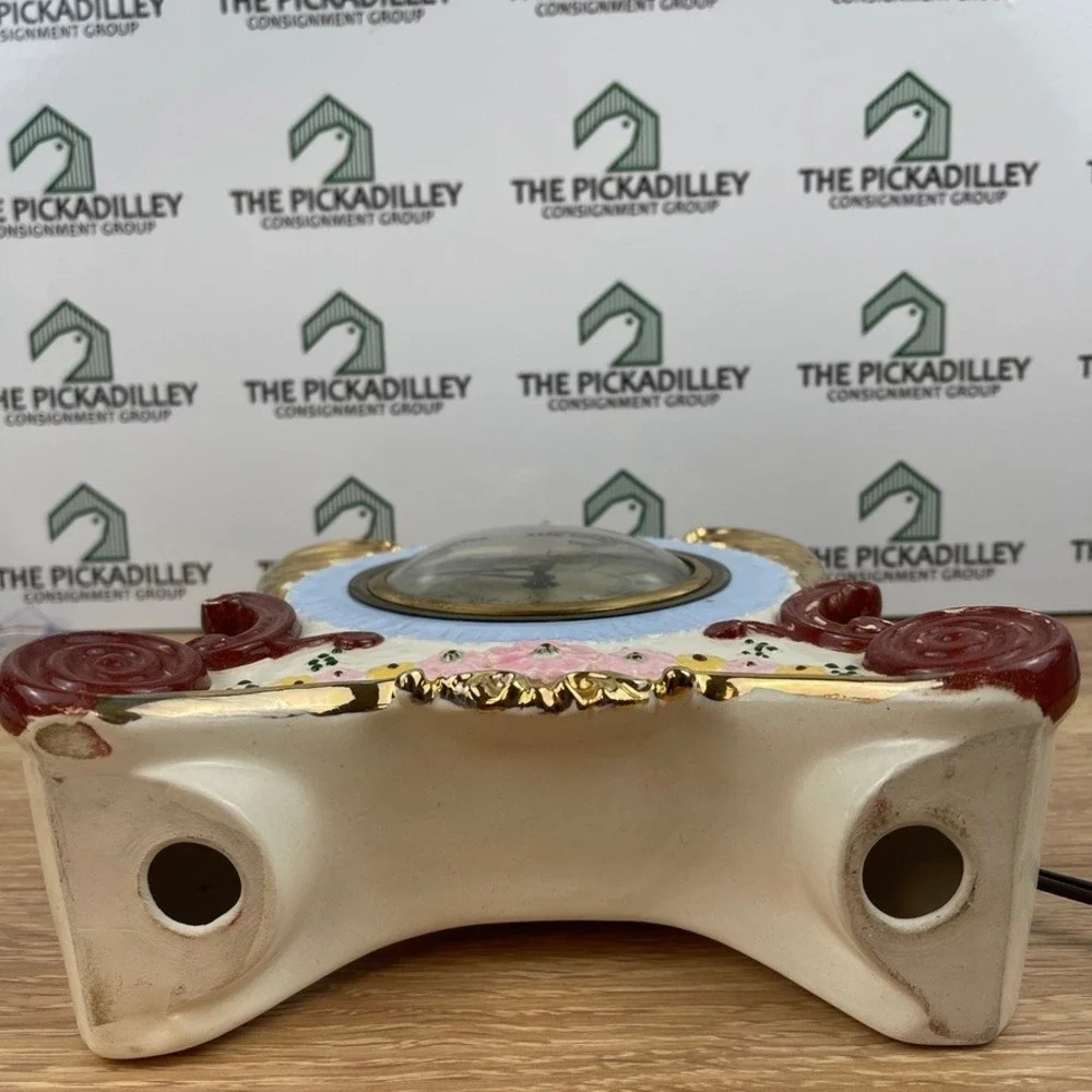 Vintage 1957 Sessions Ceramic Floral Mantel Clock Gold Trim Electric Cream 7.5in